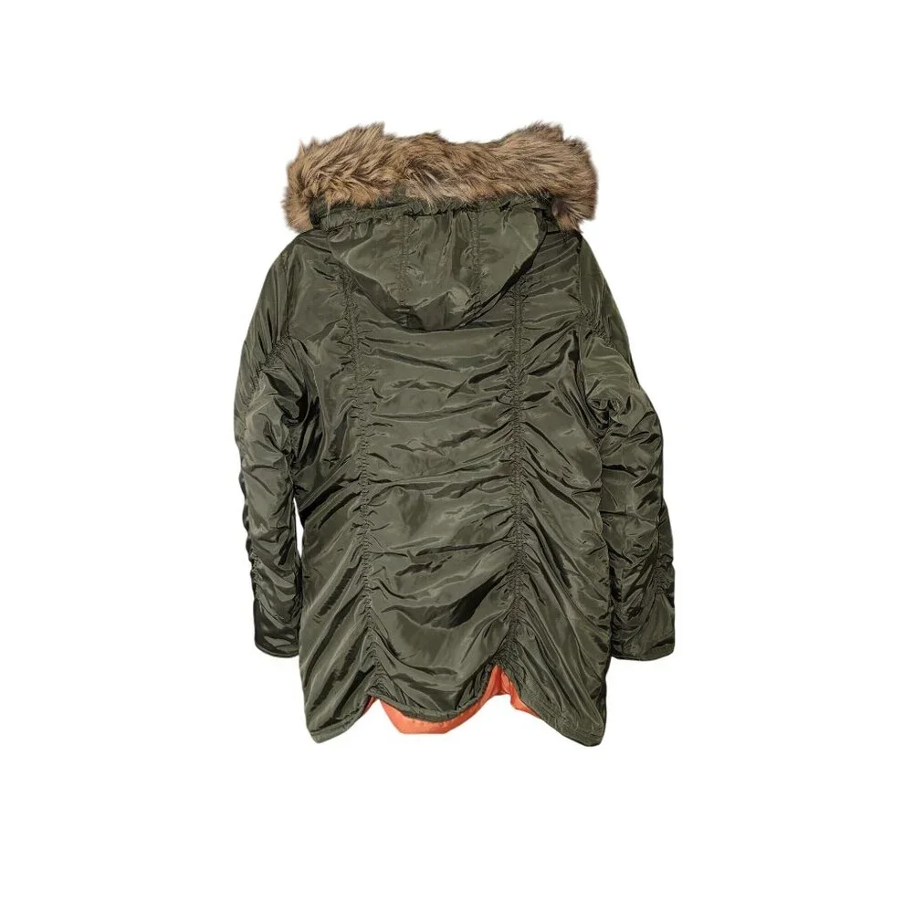 Madden Girl Anorak Olive Green Faux Fur Hooded Jacket L - Picture 2 of 8